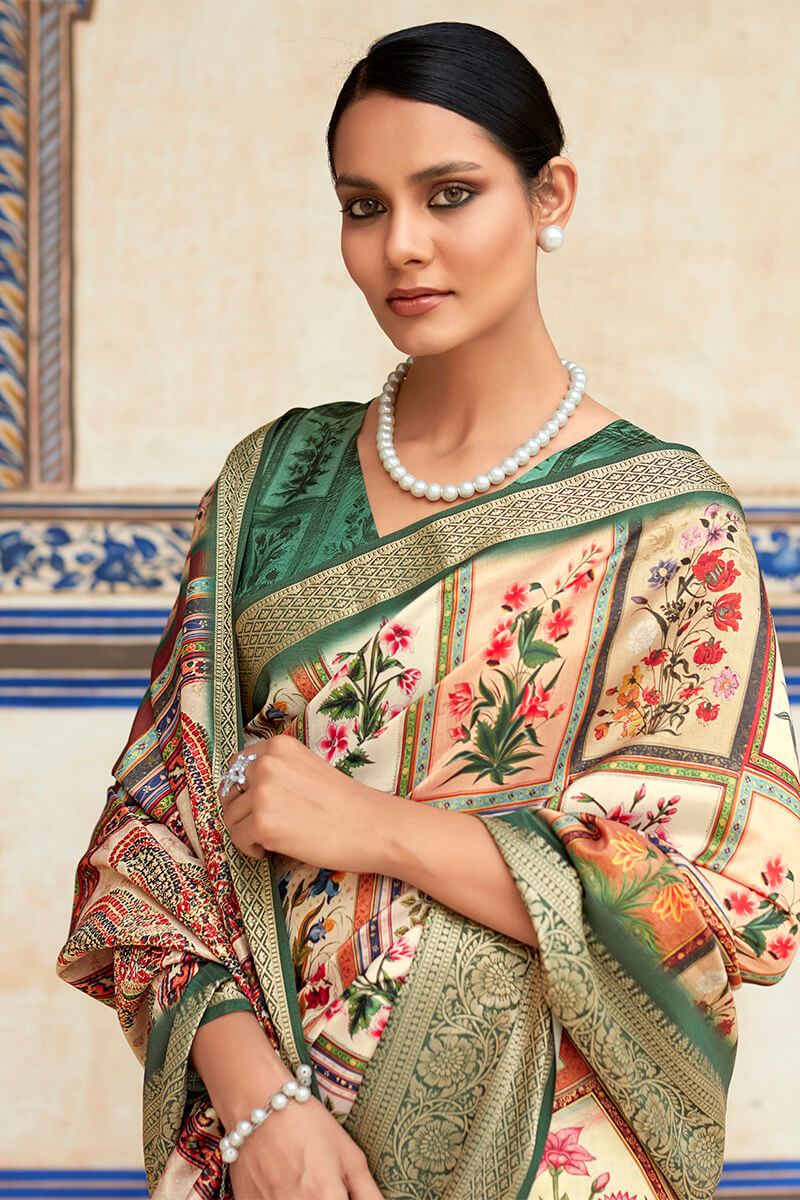 Designer Beige Digital Print Dola Silk Saree With Unstitched Blouse Piece