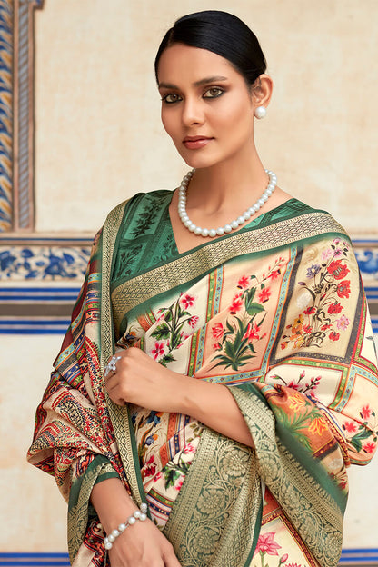 Designer Beige Digital Print Dola Silk Saree With Unstitched Blouse Piece