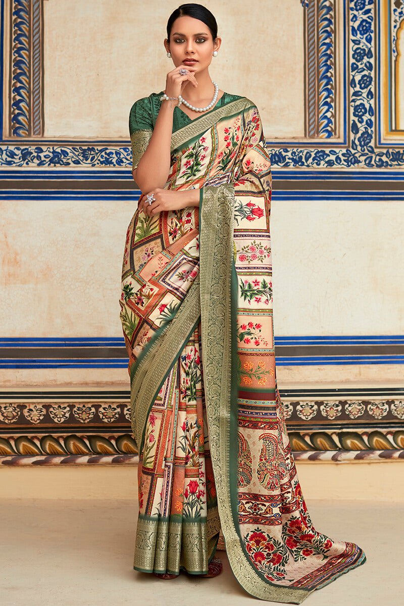 Designer Beige Digital Print Dola Silk Saree With Unstitched Blouse Piece