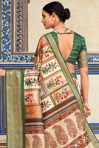 Designer Beige Digital Print Dola Silk Saree With Unstitched Blouse Piece