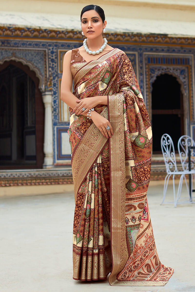 Luxury Brown Dola Silk Saree With Digital Floral Print & Blouse Piece DLS003