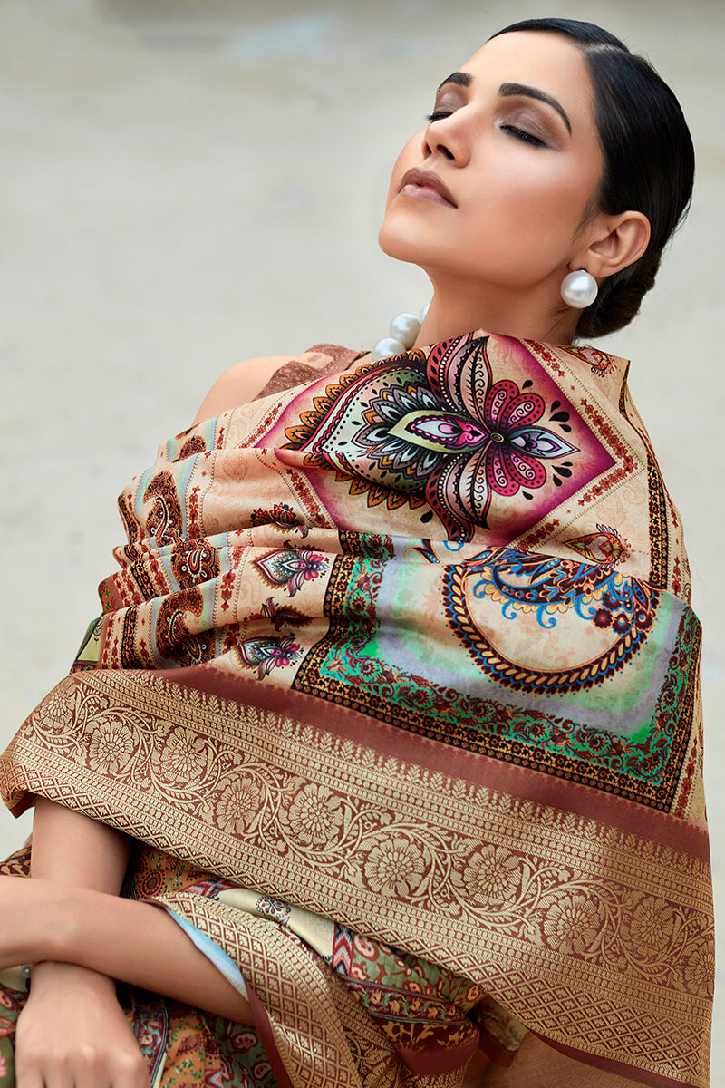 Luxury Brown Dola Silk Saree With Digital Floral Print & Blouse Piece DLS003