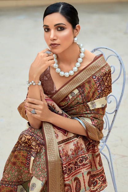 Luxury Brown Dola Silk Saree With Digital Floral Print & Blouse Piece DLS003