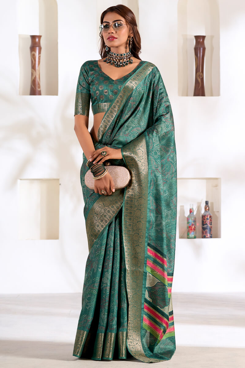 Luxury Rama Green Digital Printed Dola Silk Saree With Chatoyant Designer Blouse Piece