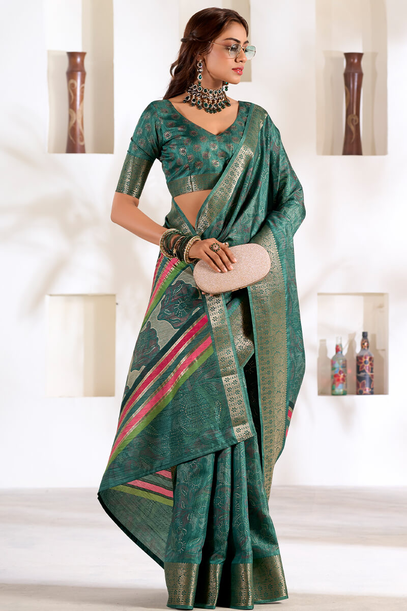 Luxury Rama Green Digital Printed Dola Silk Saree With Chatoyant Designer Blouse Piece