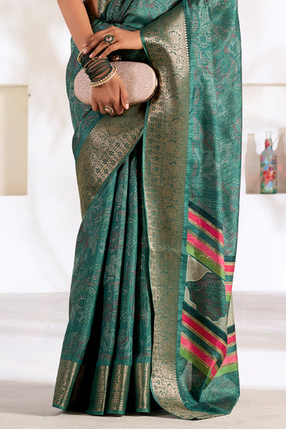 Luxury Rama Green Digital Printed Dola Silk Saree With Chatoyant Designer Blouse Piece
