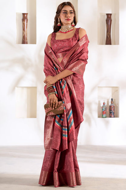 Luxury Maroon Digital Printed Dola Silk Saree With Arresting Designer Blouse Piece