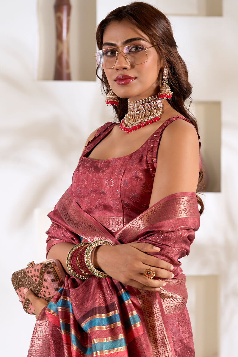 Luxury Maroon Digital Printed Dola Silk Saree With Arresting Designer Blouse Piece