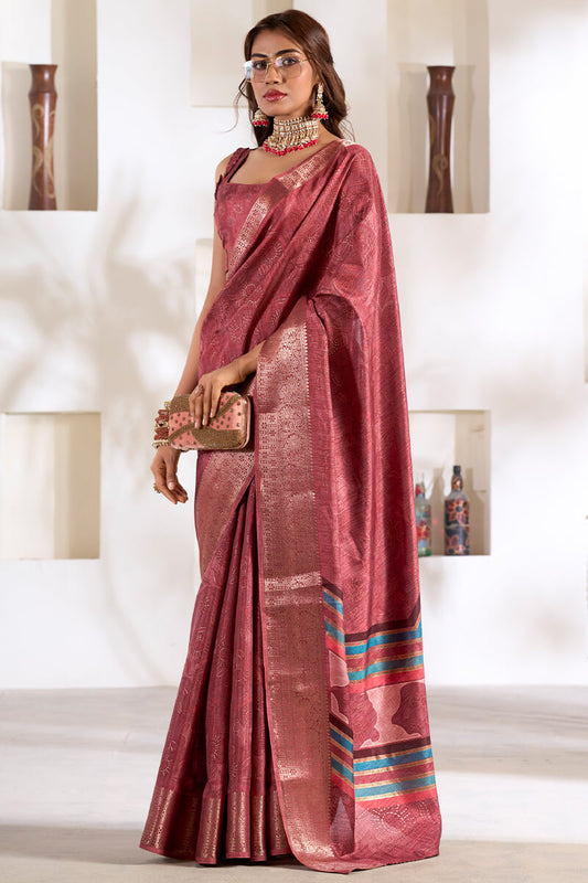 Luxury Maroon Digital Printed Dola Silk Saree With Arresting Designer Blouse Piece