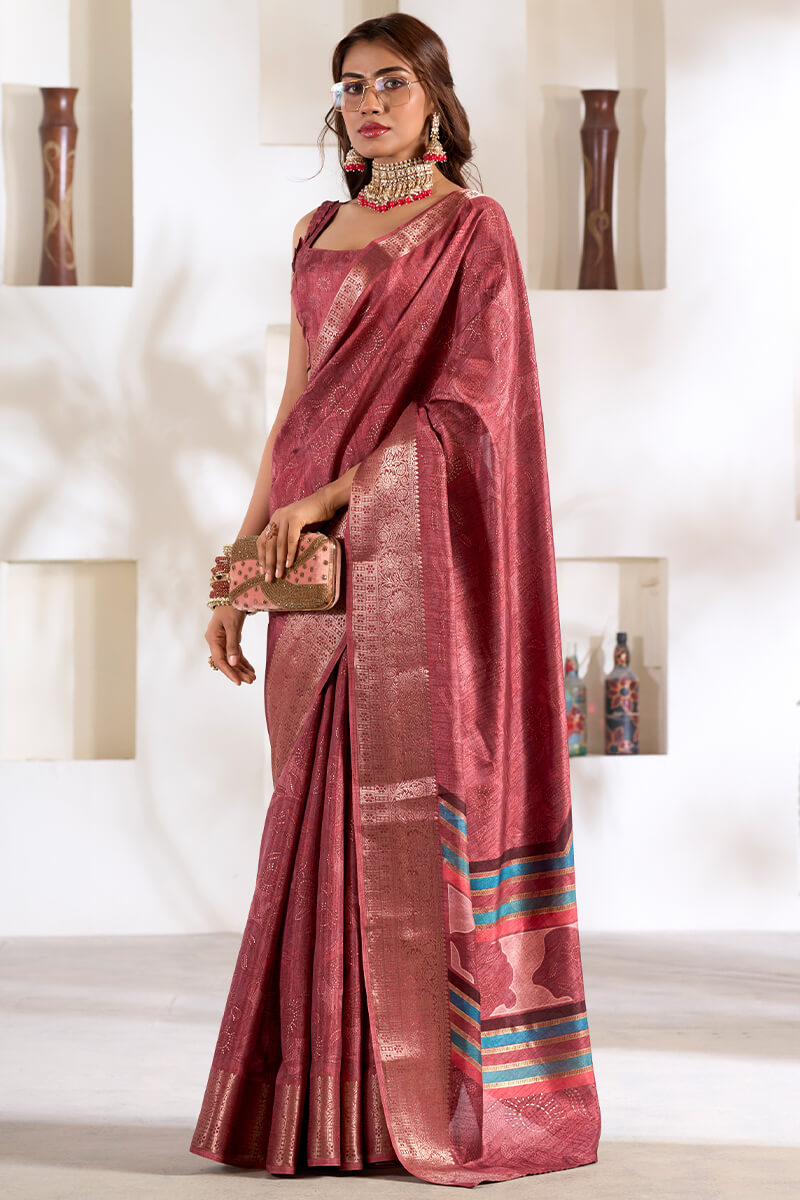 Elegant Maroon Digital Printed Dola Silk Saree With Designer Blouse Piece for Party Wear