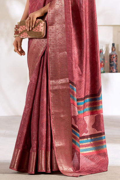 Luxury Maroon Digital Printed Dola Silk Saree With Arresting Designer Blouse Piece