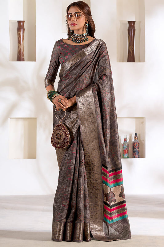 Premium Grey Digital Printed Dola Silk Saree With Elegant Designer Blouse Piece