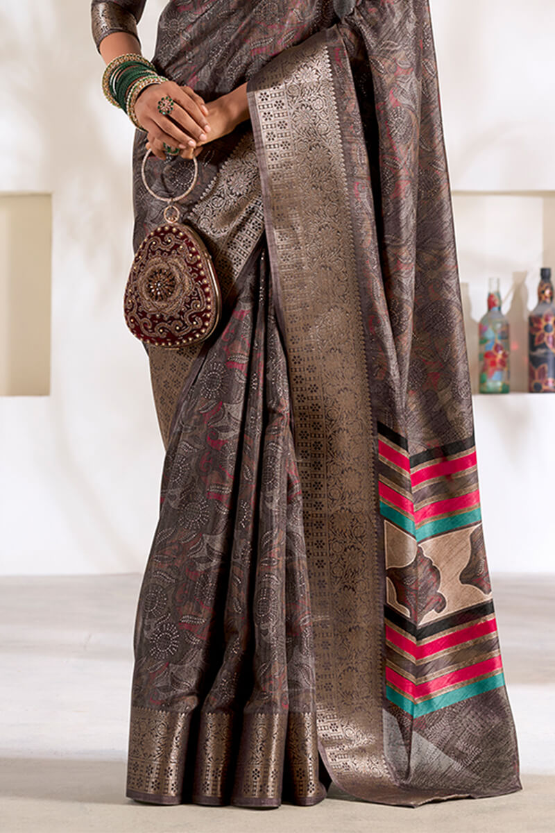 Premium Grey Digital Printed Dola Silk Saree With Elegant Designer Blouse Piece