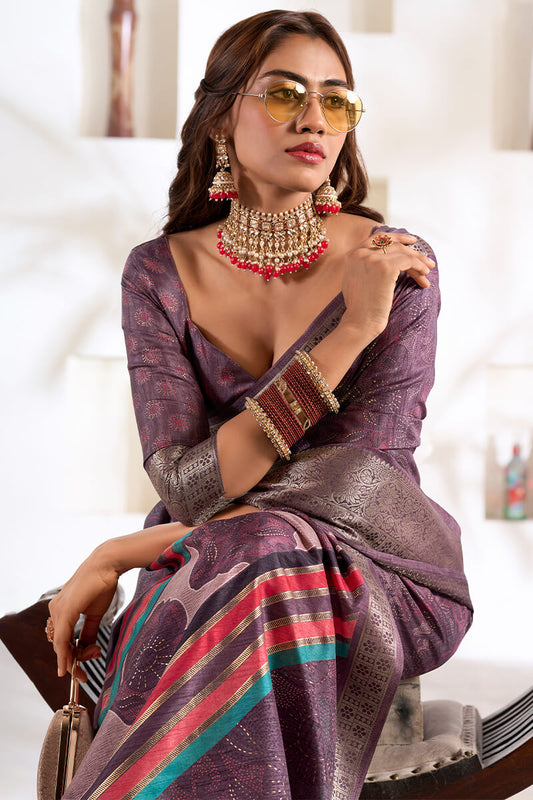 Marvellous Lavender Digital Printed Dola Silk Saree With Ravishing Blouse Piece