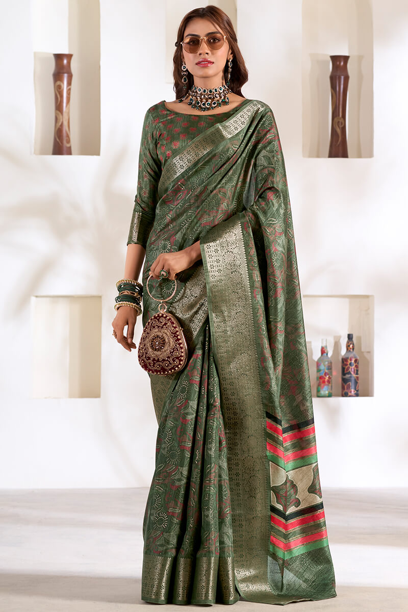 Elegant Green Digital Printed Dola Silk Saree With Designer Blouse Piece