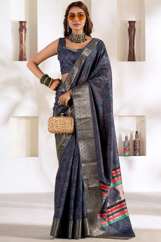 Elegant Blue Digital Printed Dola Silk Saree With Vivacious Designer Blouse Piece