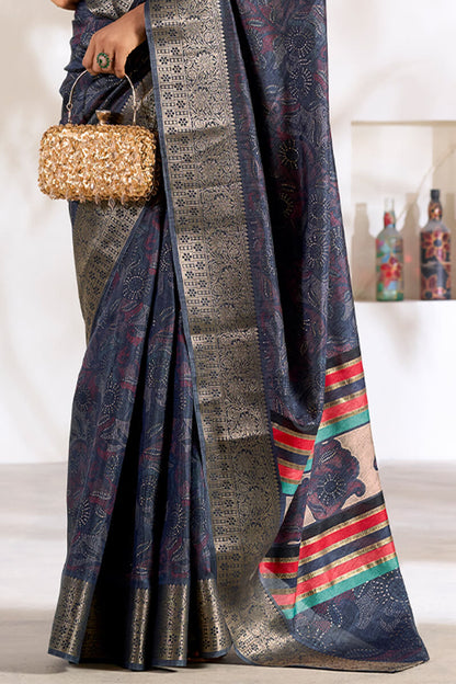 Elegant Blue Digital Printed Dola Silk Saree With Vivacious Designer Blouse Piece