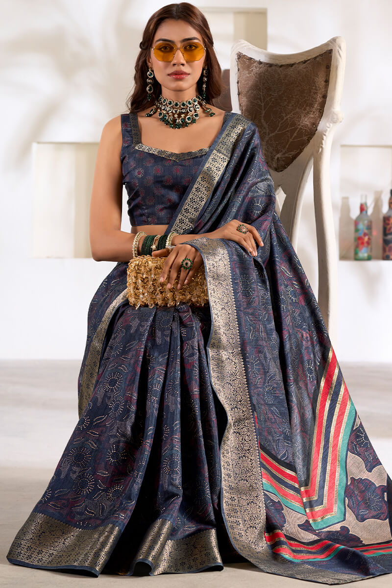 Elegant Blue Digital Printed Dola Silk Saree With Vivacious Designer Blouse Piece