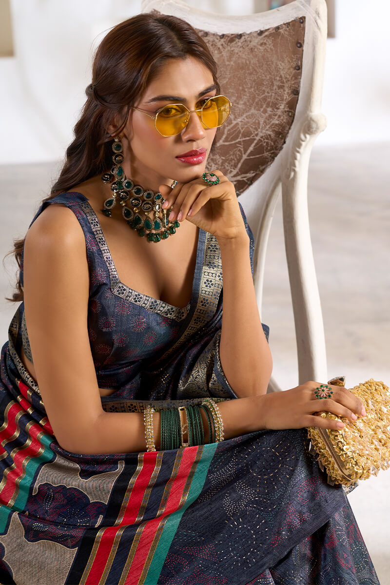 Elegant Blue Digital Printed Dola Silk Saree With Vivacious Designer Blouse Piece