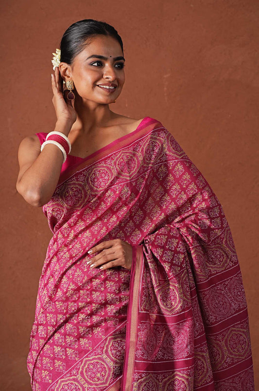 AZURE GOLD- PRINTED COTTON SILK SAREE