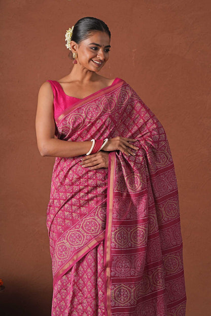 AZURE GOLD- PRINTED COTTON SILK SAREE