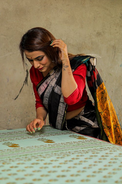 "POISE" HAND MARBLE PRINT COTTON SILK SAREE
