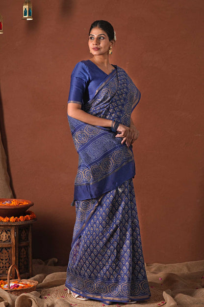 CELESTIAL BLUE- PRINTED COTTON SILK SAREE