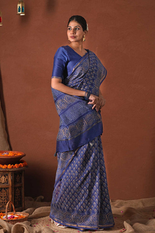 CELESTIAL BLUE- PRINTED COTTON SILK SAREE
