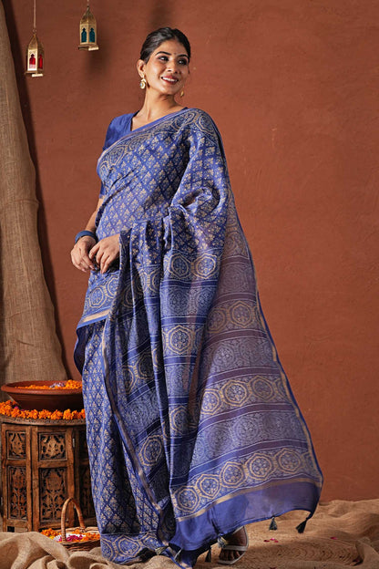 CELESTIAL BLUE- PRINTED COTTON SILK SAREE