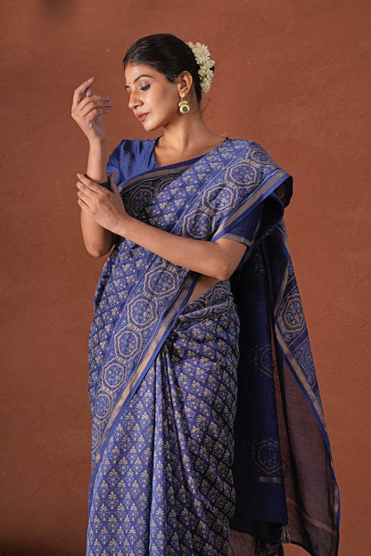 CELESTIAL BLUE- PRINTED COTTON SILK SAREE