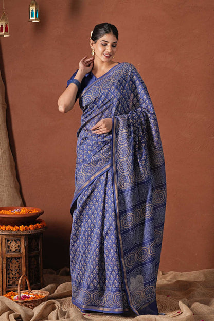 CELESTIAL BLUE- PRINTED COTTON SILK SAREE