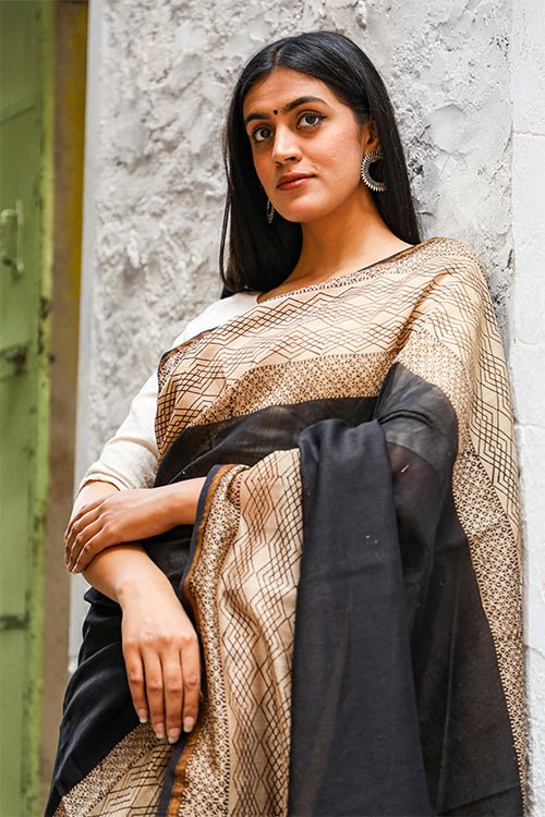 "EFFERVESCENCE" BAGRU PRINT COTTON SILK SAREE