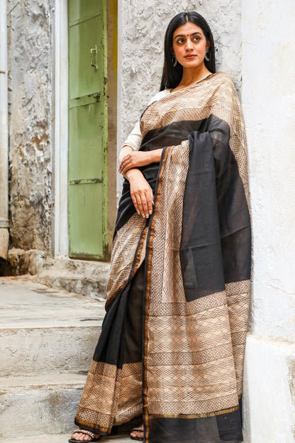 "EFFERVESCENCE" BAGRU PRINT COTTON SILK SAREE