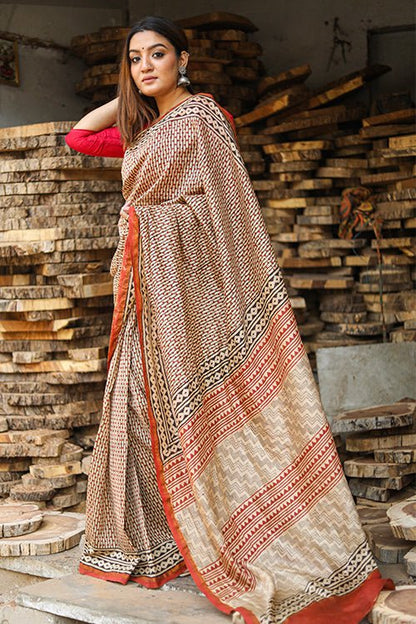 "GAVOTTE" BAGRU PRINT COTTON SILK SAREE