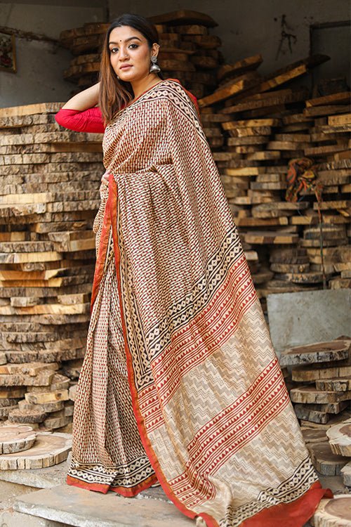 "GAVOTTE" BAGRU PRINT COTTON SILK SAREE