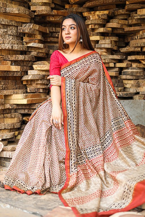 "GAVOTTE" BAGRU PRINT COTTON SILK SAREE