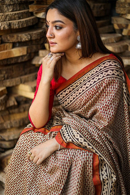 "GAVOTTE" BAGRU PRINT COTTON SILK SAREE