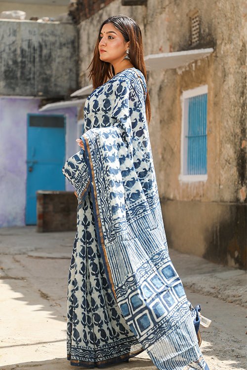 "GLORY" INDIGO PRINT COTTON SILK SAREE