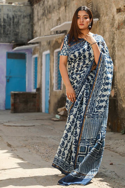 "GLORY" INDIGO PRINT COTTON SILK SAREE