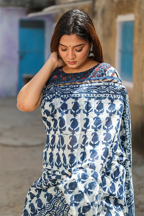 "GLORY" INDIGO PRINT COTTON SILK SAREE