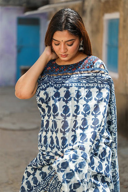 "GLORY" INDIGO PRINT COTTON SILK SAREE
