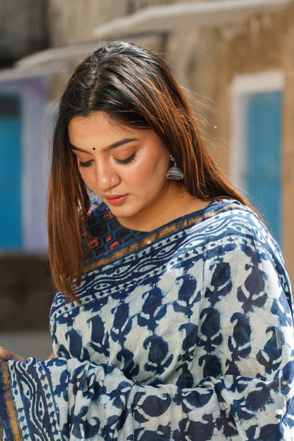 "GLORY" INDIGO PRINT COTTON SILK SAREE