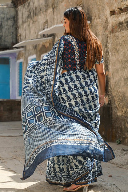 "GLORY" INDIGO PRINT COTTON SILK SAREE