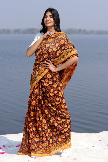 "SAFFRON SERENE" BATIK COTTON SILK SAREE