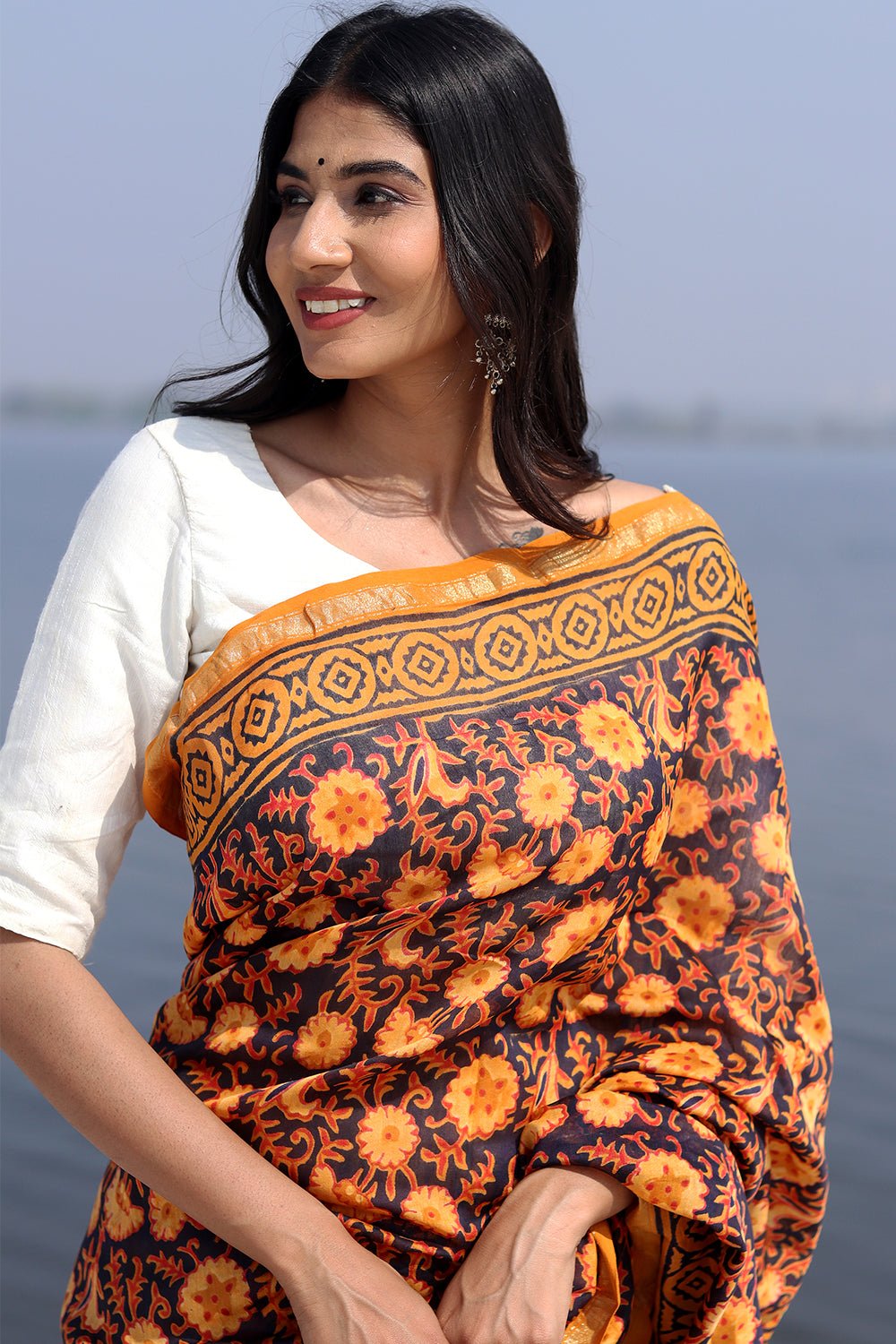 "SAFFRON SERENE" BATIK COTTON SILK SAREE