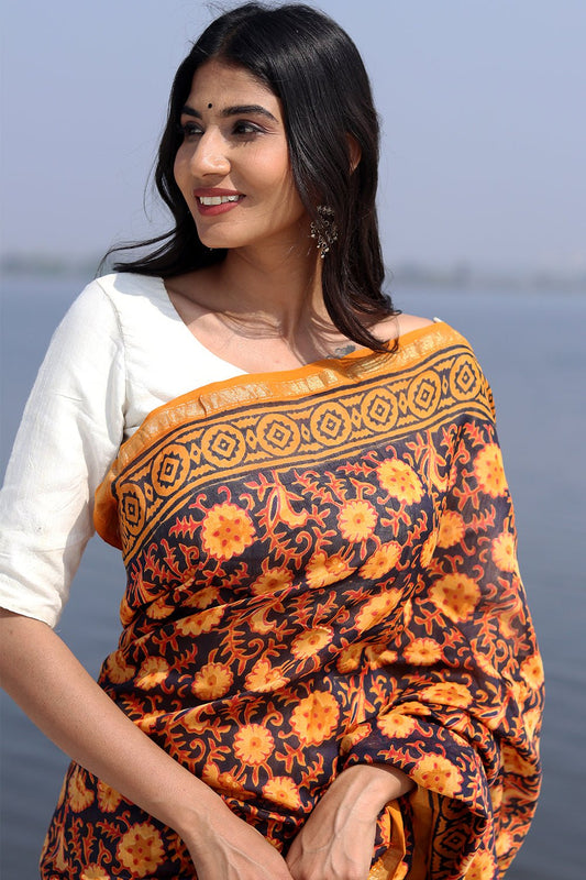 "SAFFRON SERENE" BATIK COTTON SILK SAREE