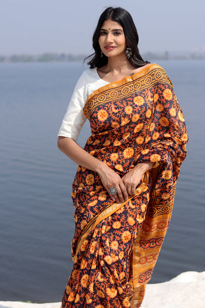 "SAFFRON SERENE" BATIK COTTON SILK SAREE