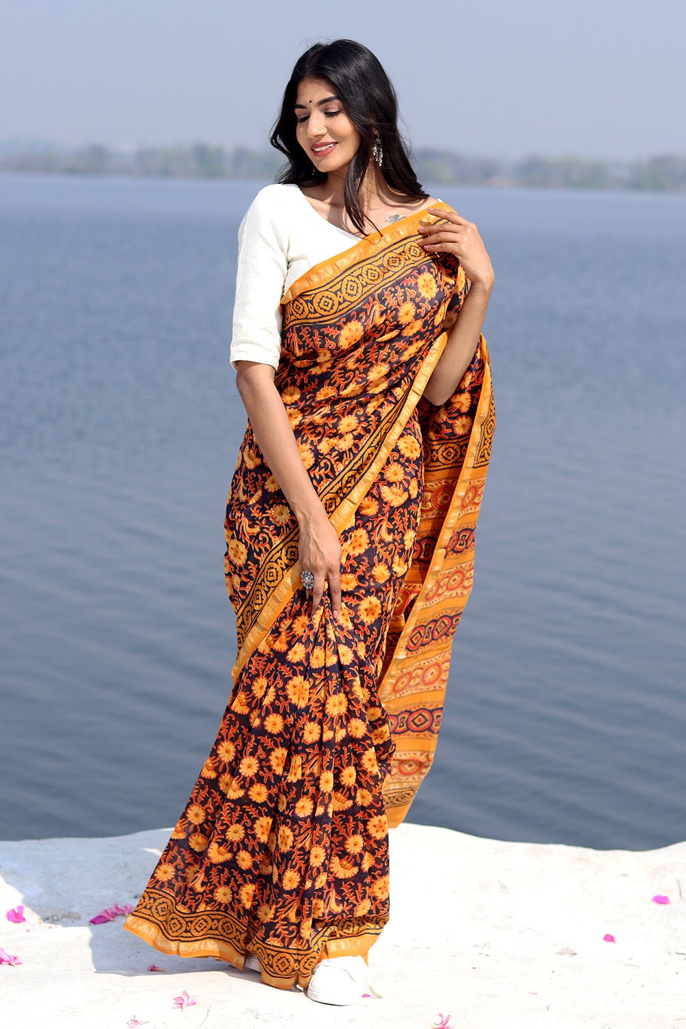 "SAFFRON SERENE" BATIK COTTON SILK SAREE