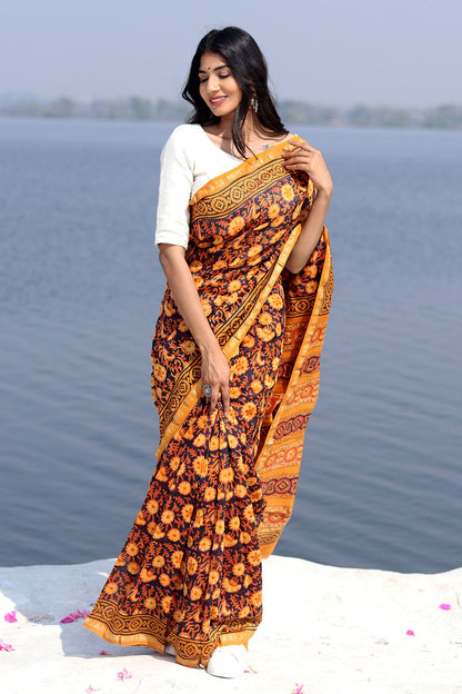"SAFFRON SERENE" BATIK COTTON SILK SAREE