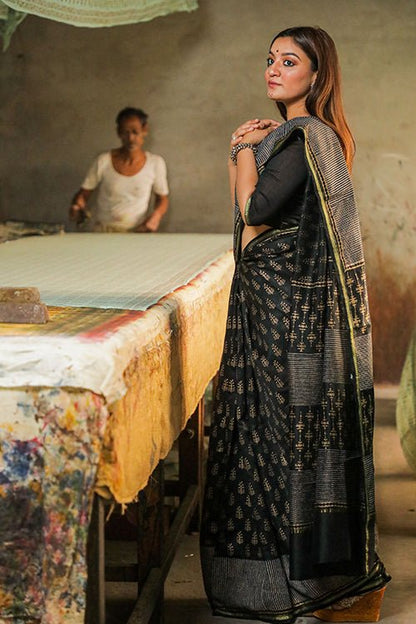 HANDBLOCK PRINTED COTTON SILK SAREE